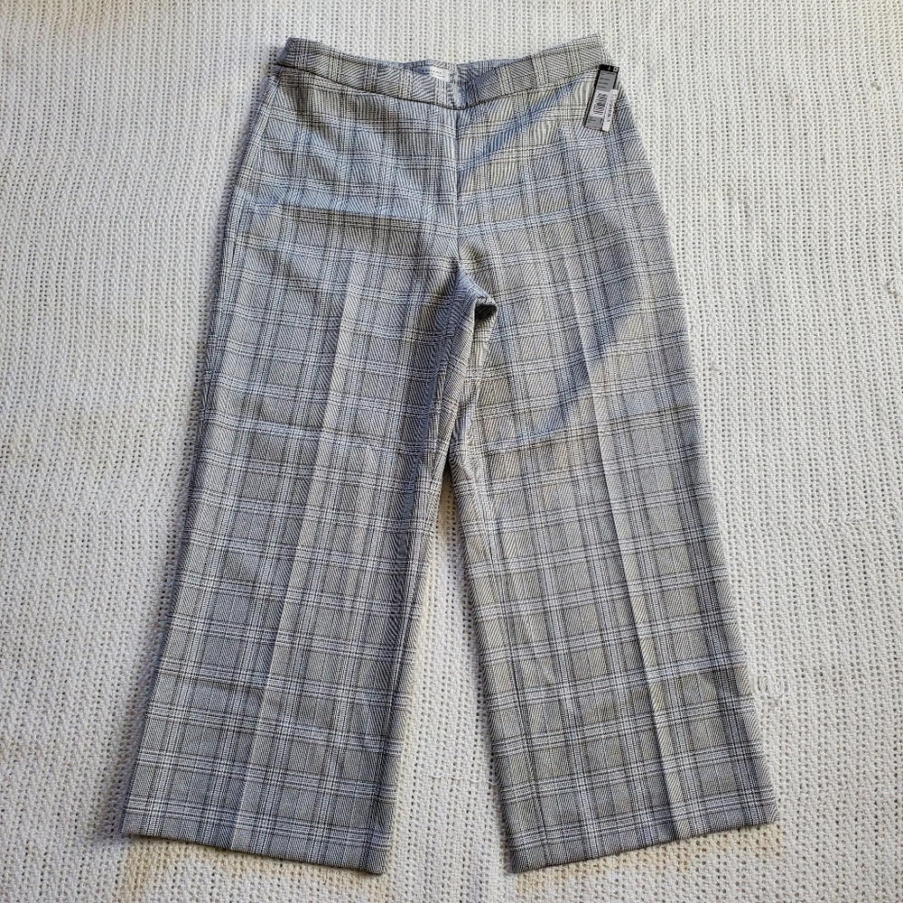 NWT TAHARI Arthur S. Levine Women's Plaid Pants Cropped Wide Leg White Gray 8